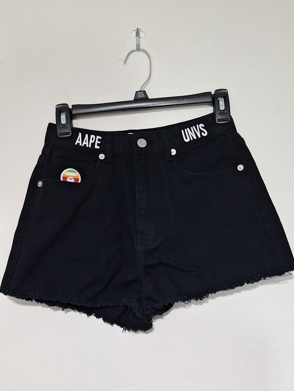 AAPE By A Bathing Ape "UNVS" Black Denim Shorts Camo Moonface Jorts [Insert Size